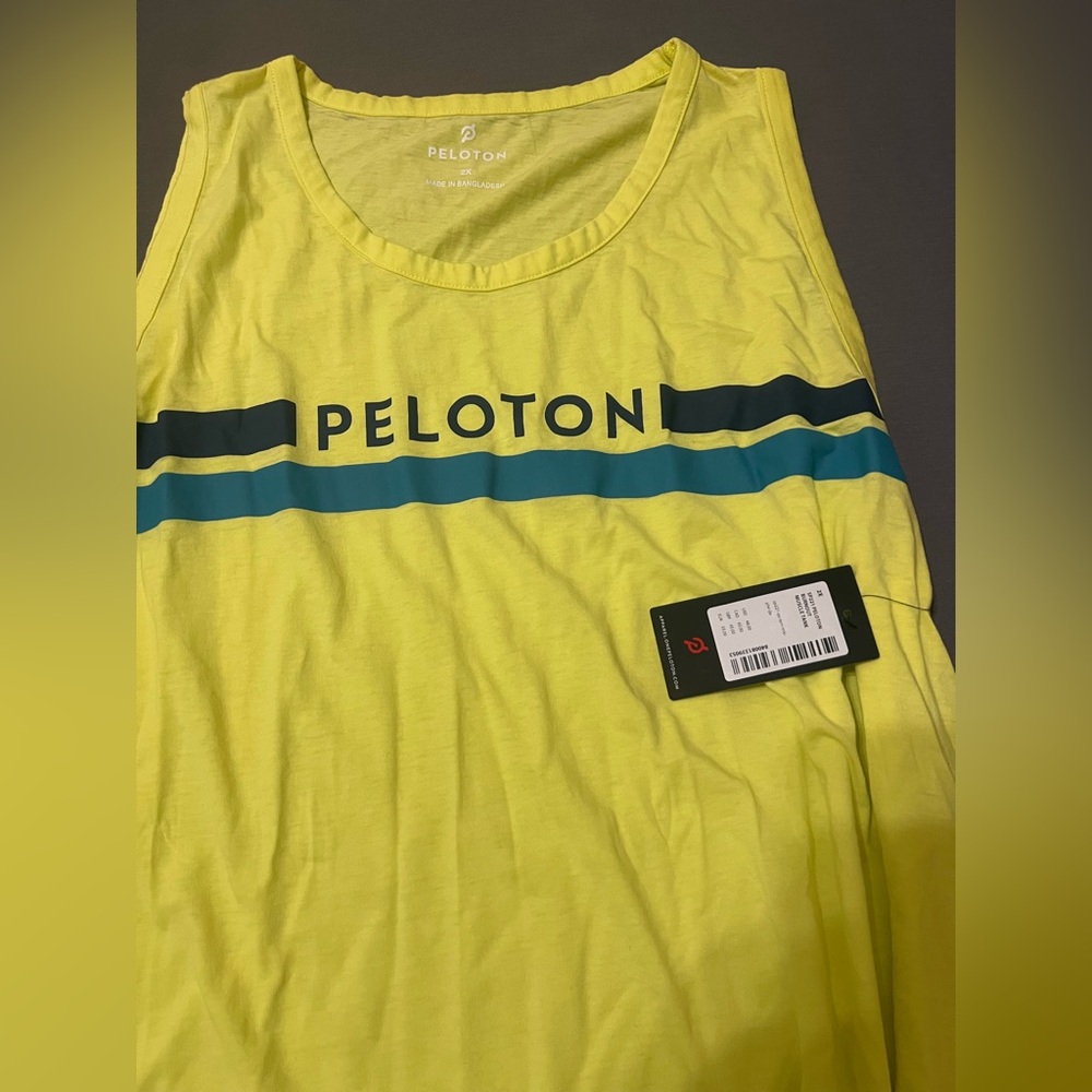 Peloton Burnout Muscle Tank Yellow with Teal and Black Stripes